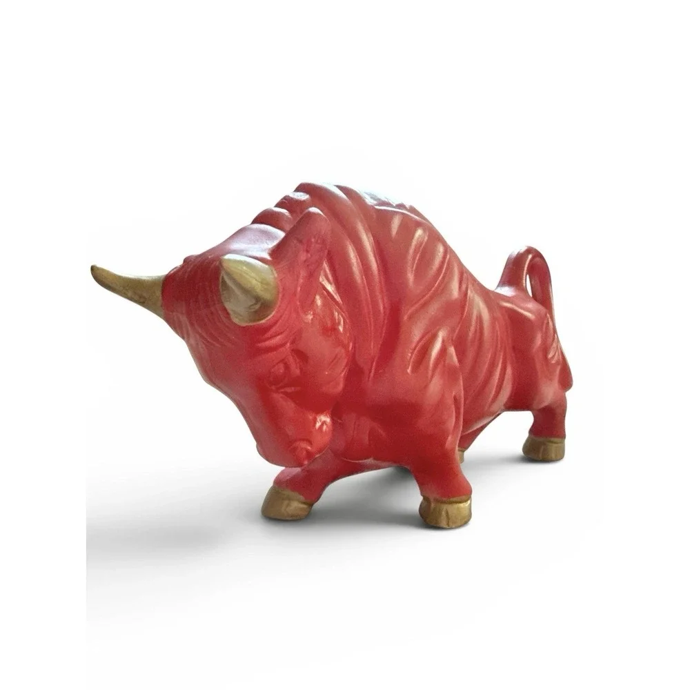 Vintage 1960s Red Ceramic Bull Figurine Mid Century Modern Gold Accents